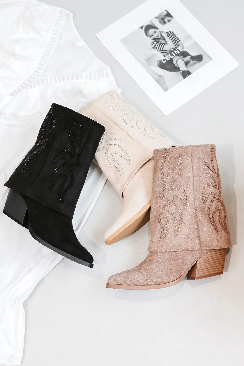 TAUPE EMBROIDED COWGIRL FOLD OVER WESTERN COWBOY ANKLE BOOTS