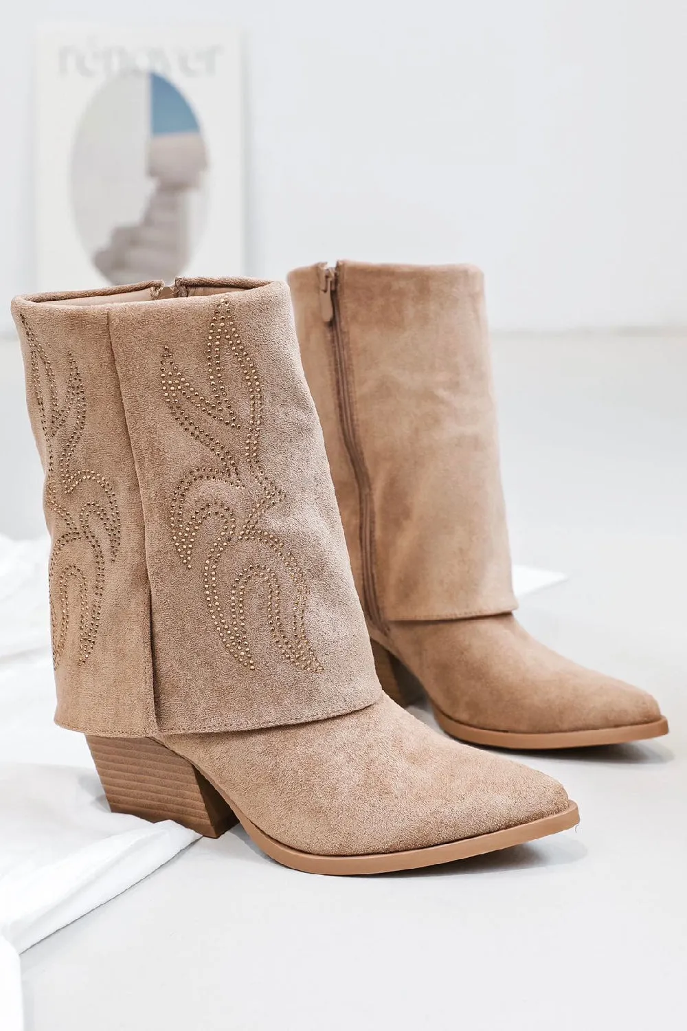 TAUPE EMBROIDED COWGIRL FOLD OVER WESTERN COWBOY ANKLE BOOTS