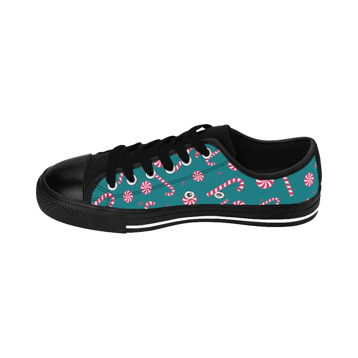 Teal Blue Xmas Men's Low Tops, Red White Candy Cane Christmas Print Men's Low Top Sneakers (US Size: 6-14)