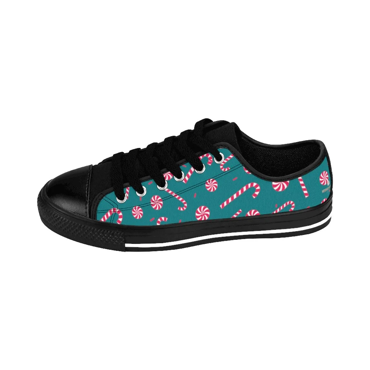 Teal Blue Xmas Men's Low Tops, Red White Candy Cane Christmas Print Men's Low Top Sneakers (US Size: 6-14)