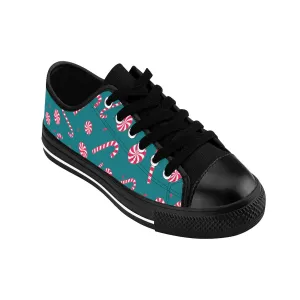 Teal Blue Xmas Men's Low Tops, Red White Candy Cane Christmas Print Men's Low Top Sneakers (US Size: 6-14)