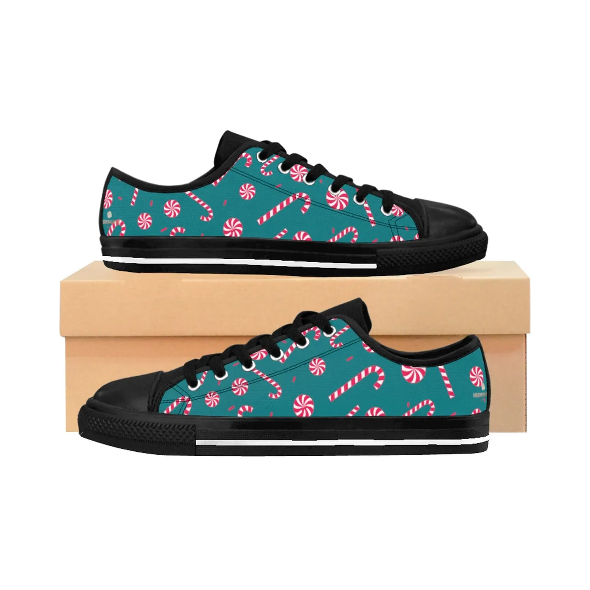 Teal Blue Xmas Men's Low Tops, Red White Candy Cane Christmas Print Men's Low Top Sneakers (US Size: 6-14)