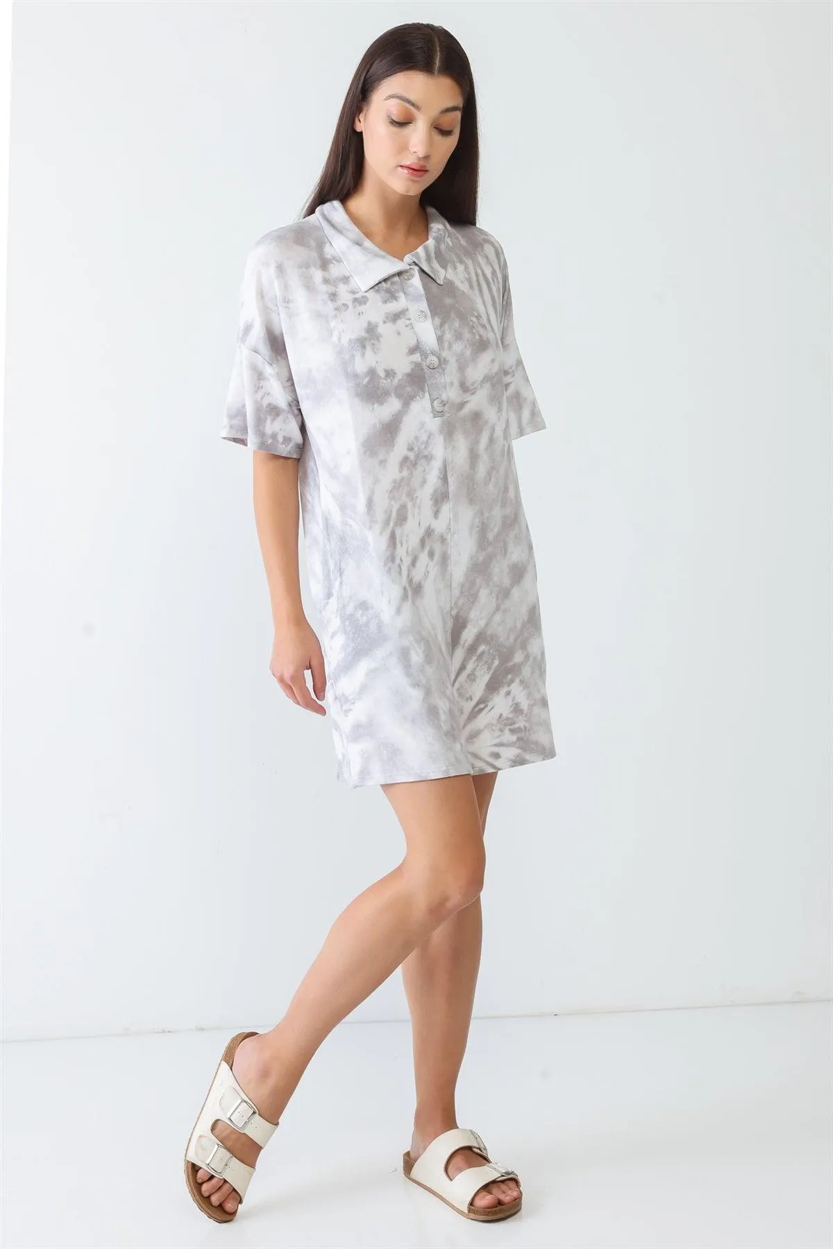 Tie-Dye Collared Neck Button-Up Short Sleeve Romper