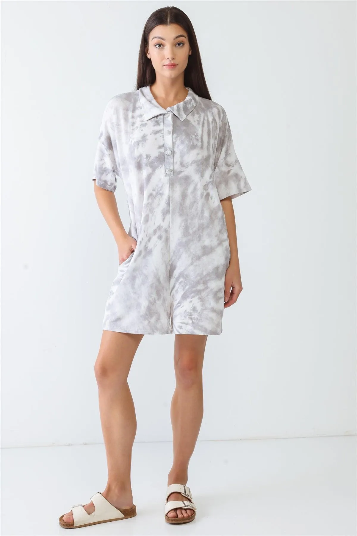 Tie-Dye Collared Neck Button-Up Short Sleeve Romper