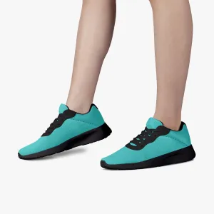 Turquoise Blue Color Unisex Sneakers, Soft Blue Solid Color Best Lifestyle Unisex Casual Designer Mesh Running Shoes With Black Soles