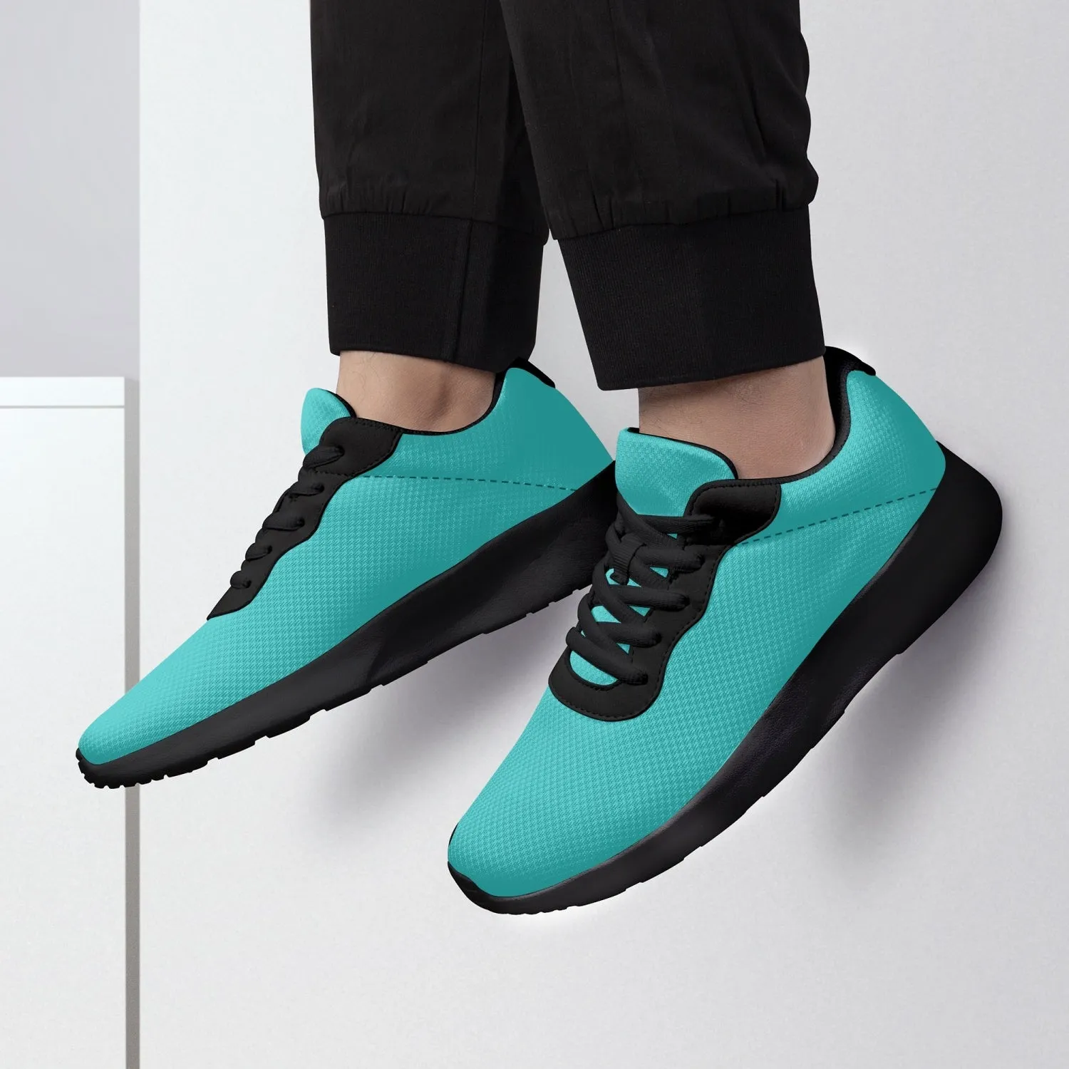 Turquoise Blue Color Unisex Sneakers, Soft Blue Solid Color Best Lifestyle Unisex Casual Designer Mesh Running Shoes With Black Soles