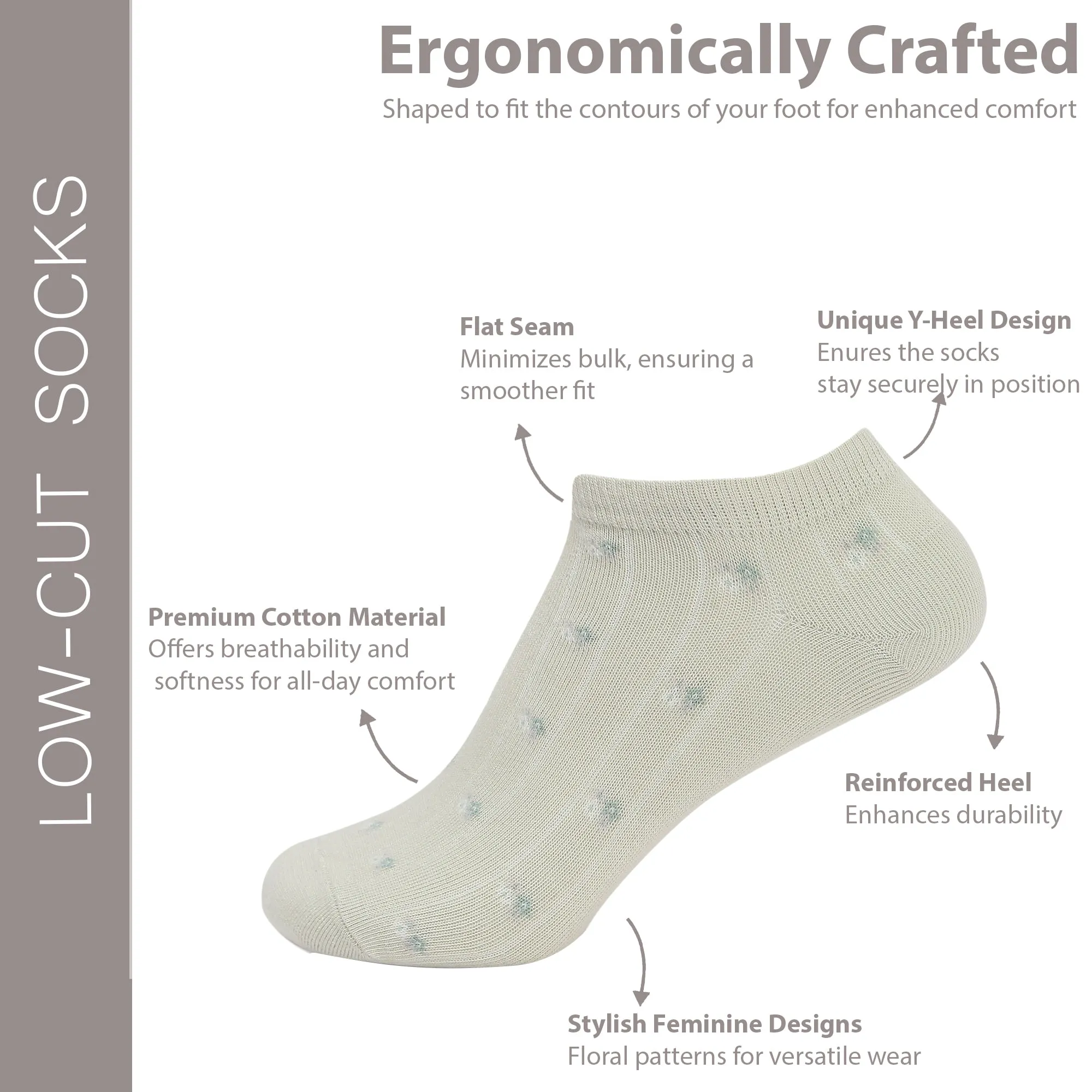 Women's Essentials Floral Motifs Low-Cut Socks | White, Fawn, Green | Pack of 3