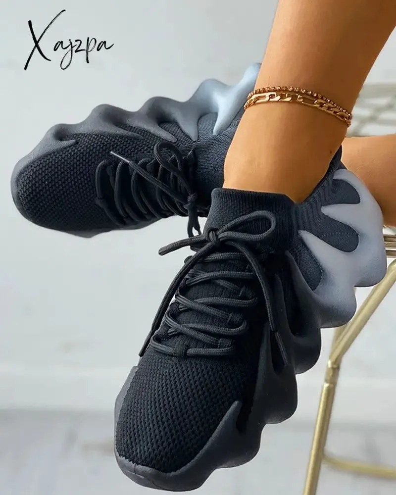 Xajzpa - Colorblock Lace up Front Knit Sneaker